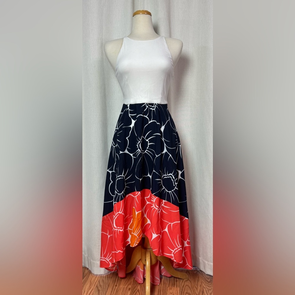 ANTHROPOLOGIE Hutch Bethanie High-Low Dress Floral White Navy Orange Halter XS